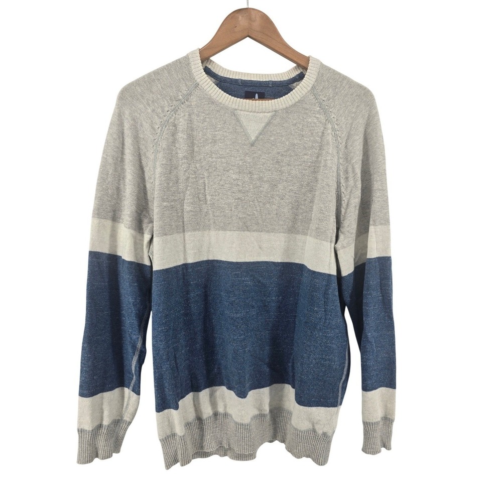 johnnie-O Linen Sweater Mens Large Connor Wake Blue Grey Striped EUC